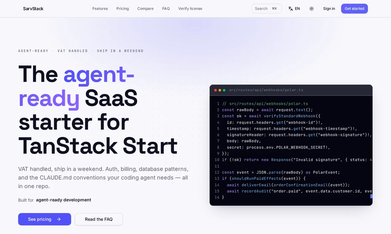 SarvStack landing page hero section