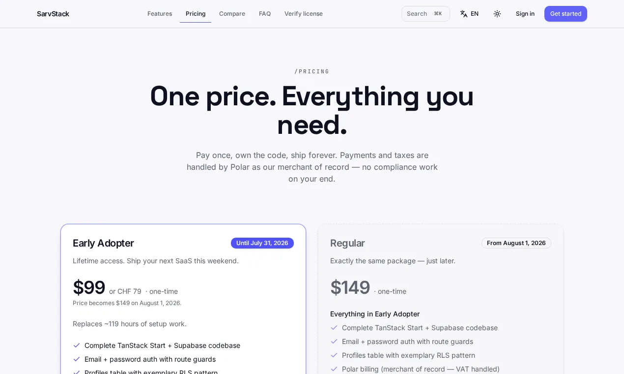 Pricing page with the one-time early adopter offer