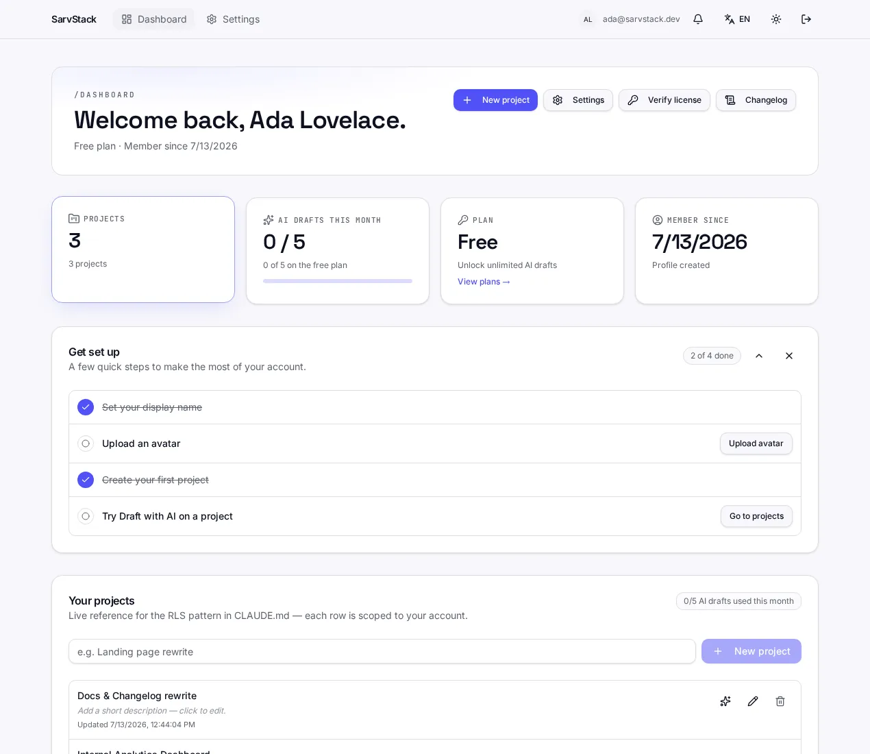 Authenticated dashboard with projects and AI usage
