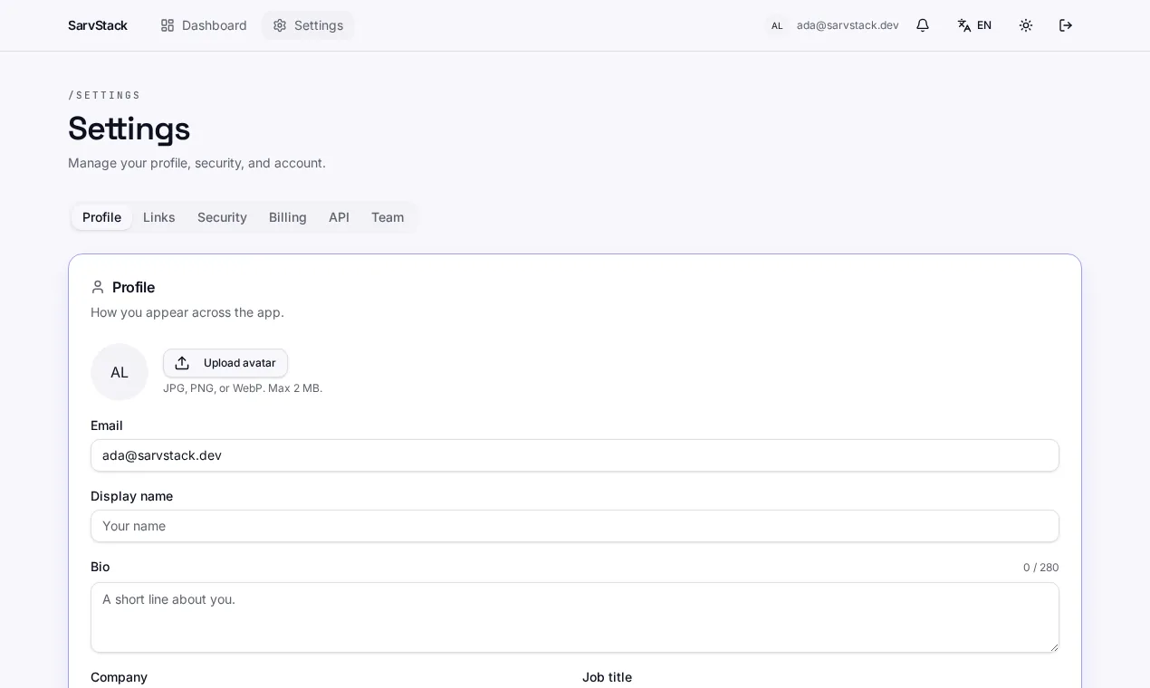 Settings page with profile, avatar and danger zone